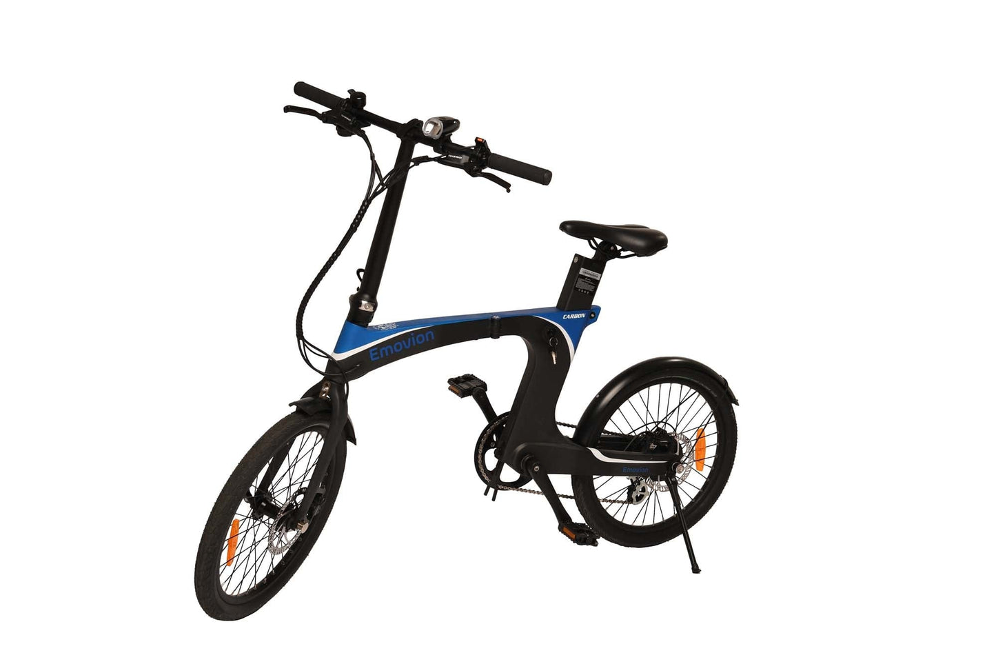 blaues Klapp-E-Bike oder Klappvelo stehend von der Seite