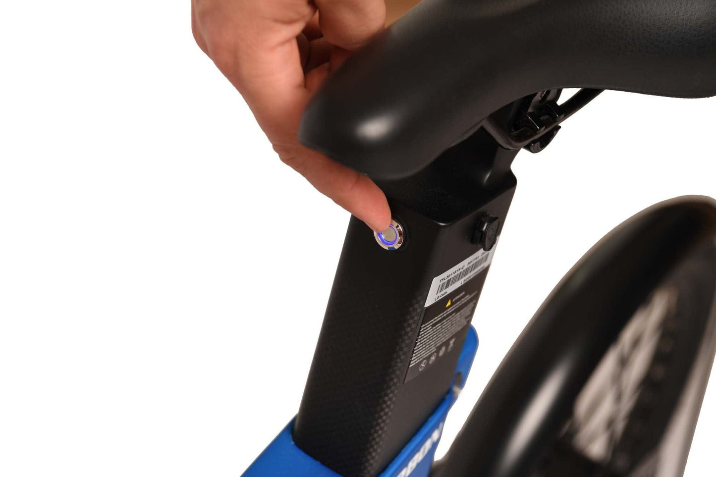 blaues E-Klapprad mit Sattelbatterie