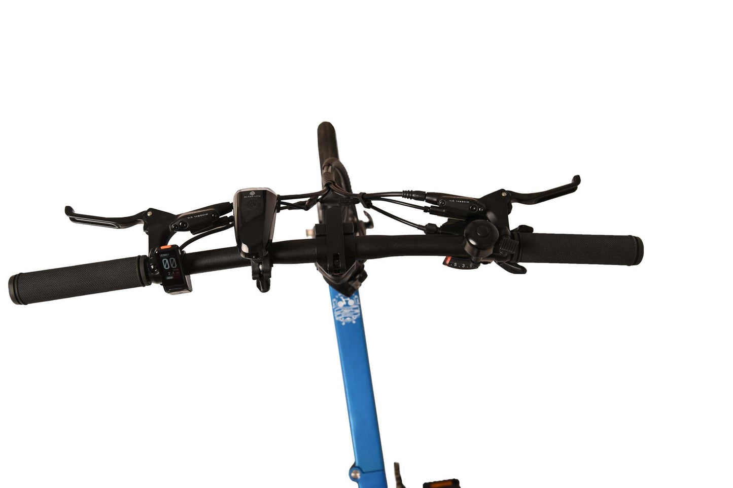 blaues E-Klapprad mit Steuerelementen von oben