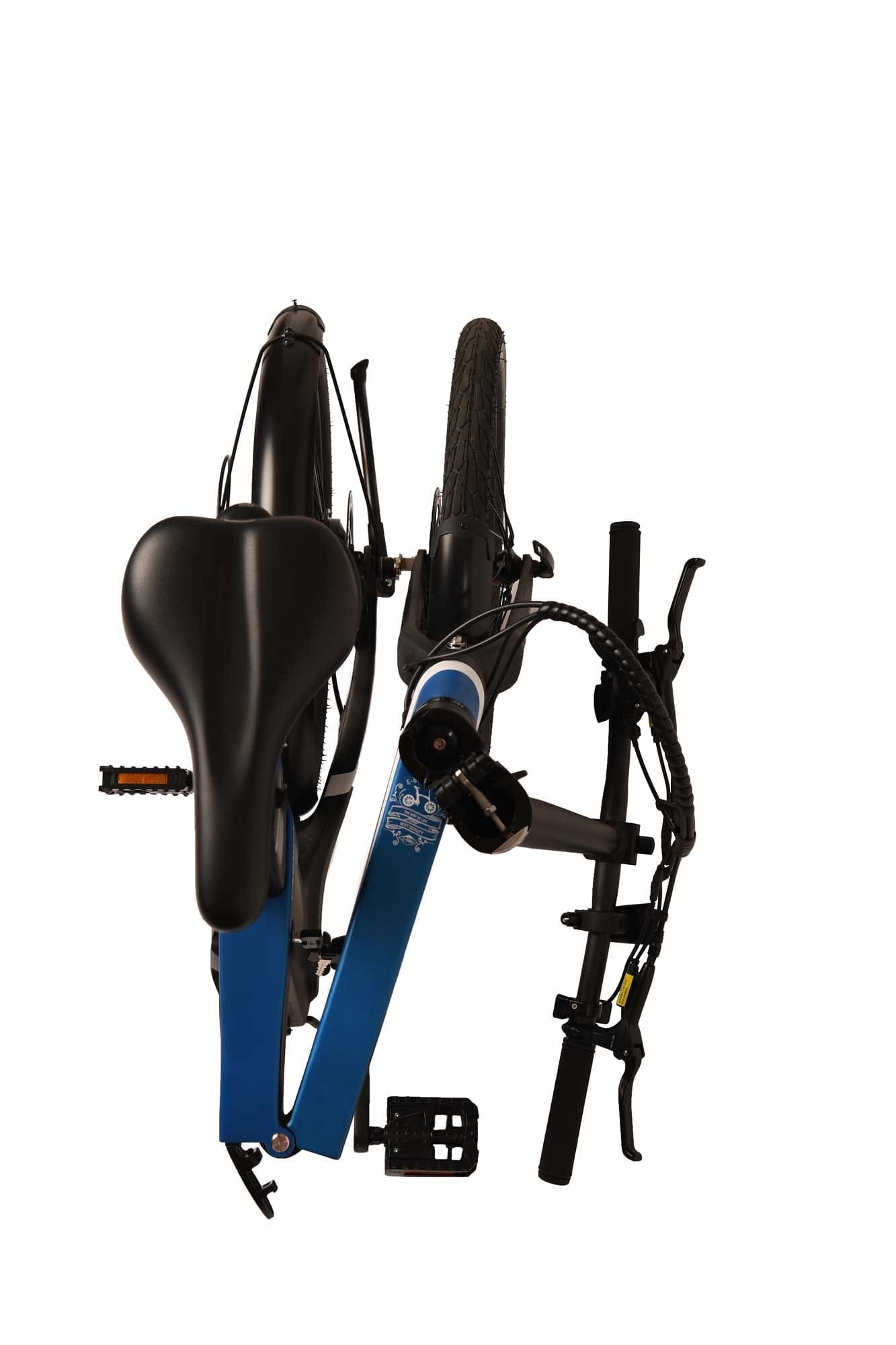 blaues gefaltenes Klapp-E-Bike von oben