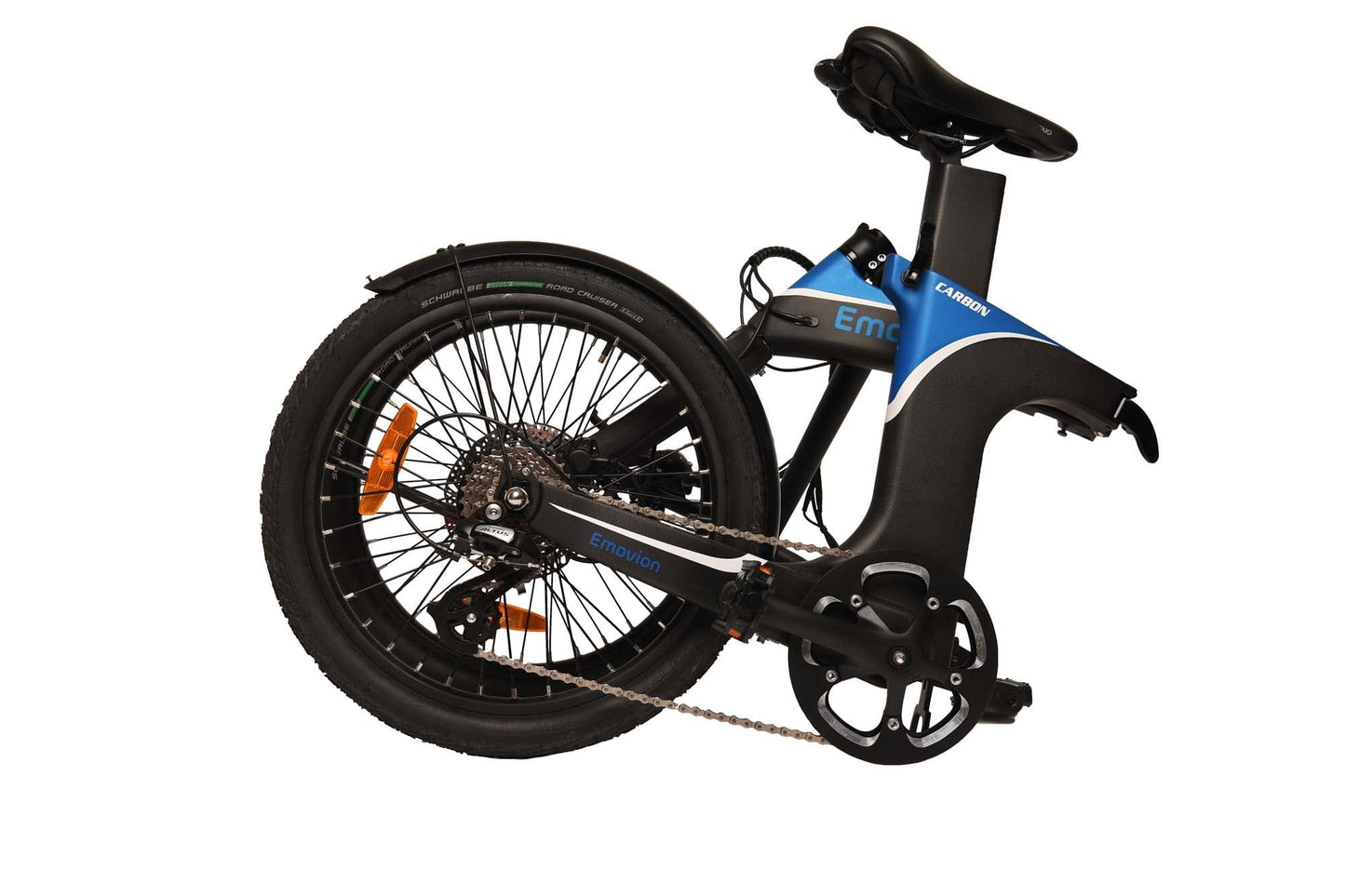 blaues gefaltenes Klapp-E-Bike von der Seite für den Zug
