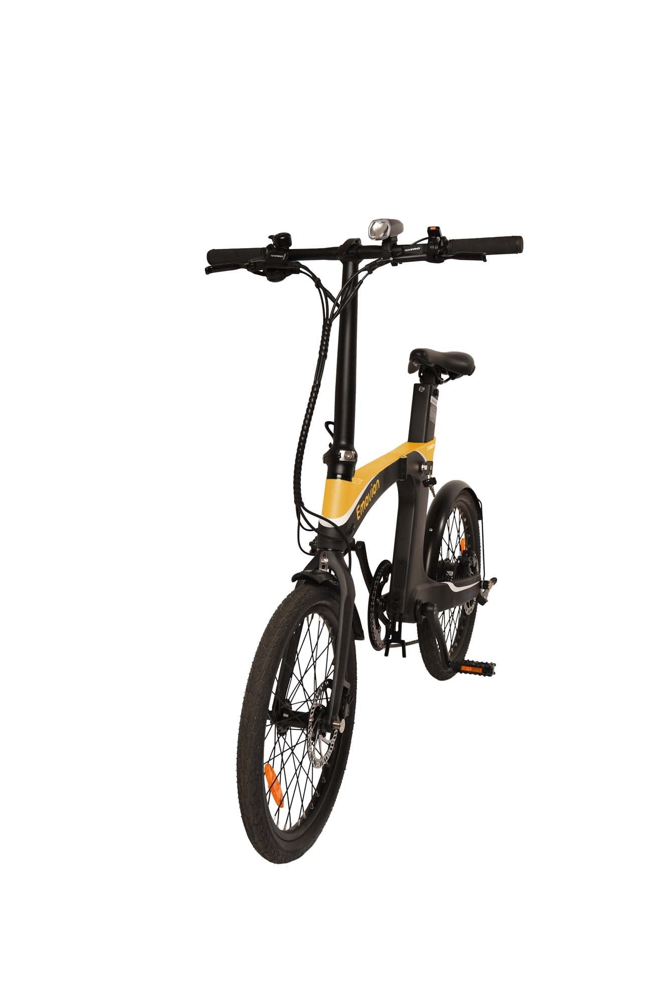 gelbes Klapp-E-Bike von vorne mit Licht