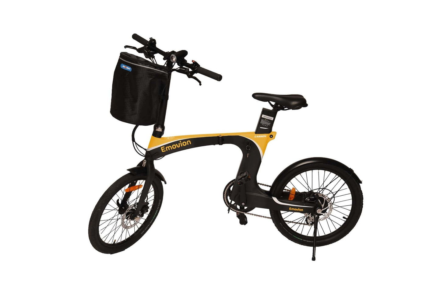 gelbes Elektro Klappvelo mit Korb