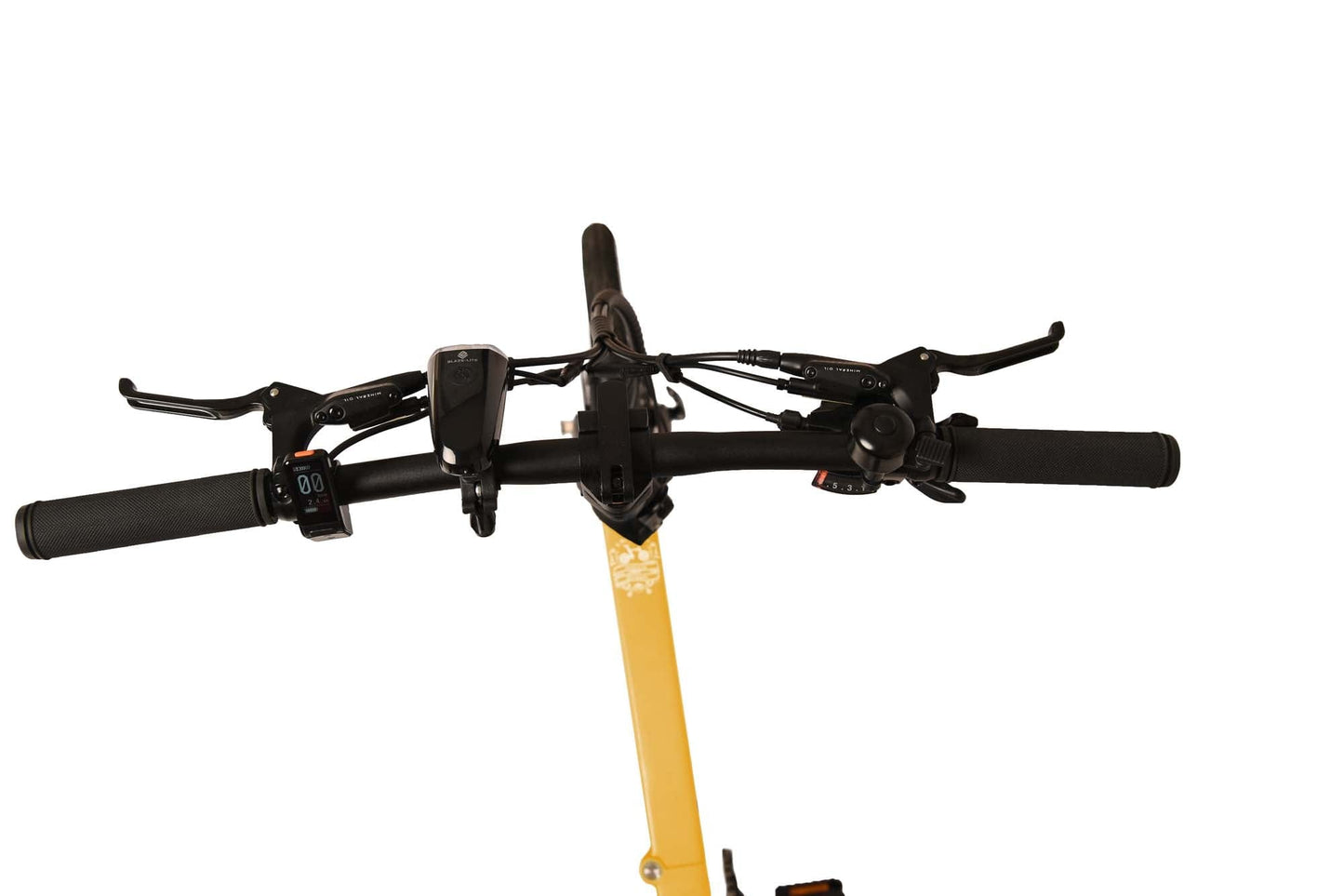 gelbes E-Klapprad mit Steuerelementen von oben