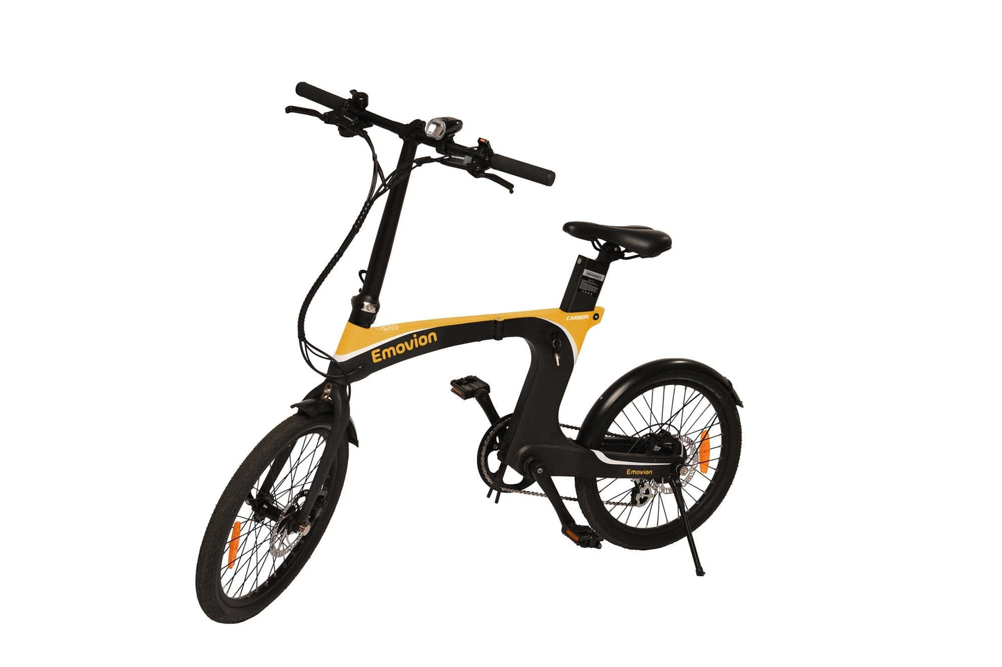 gelbes Klapp-E-Bike von vorne mit Licht