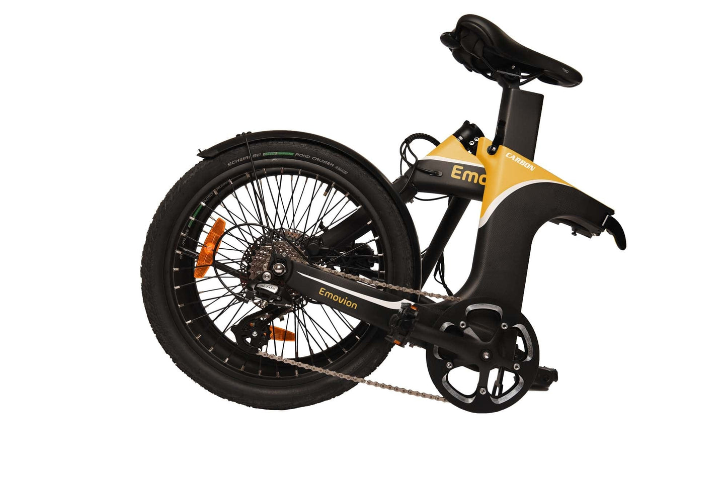 gelbes gefaltenes Klapp-E-Bike von der Seite für den Zug