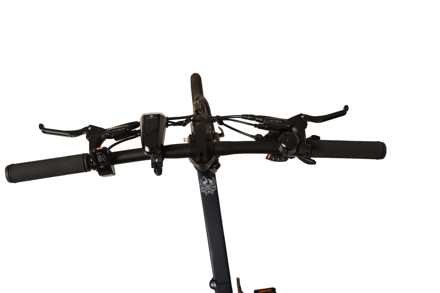 schwarzes E-Klapprad mit Steuerelementen von oben