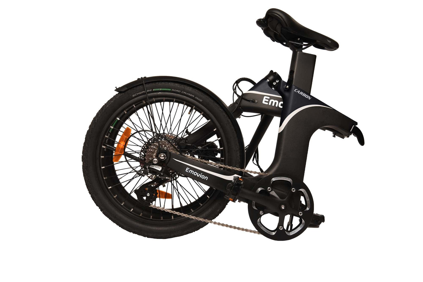 schwarzes gefaltenes Klapp-E-Bike von der Seite für den Zug