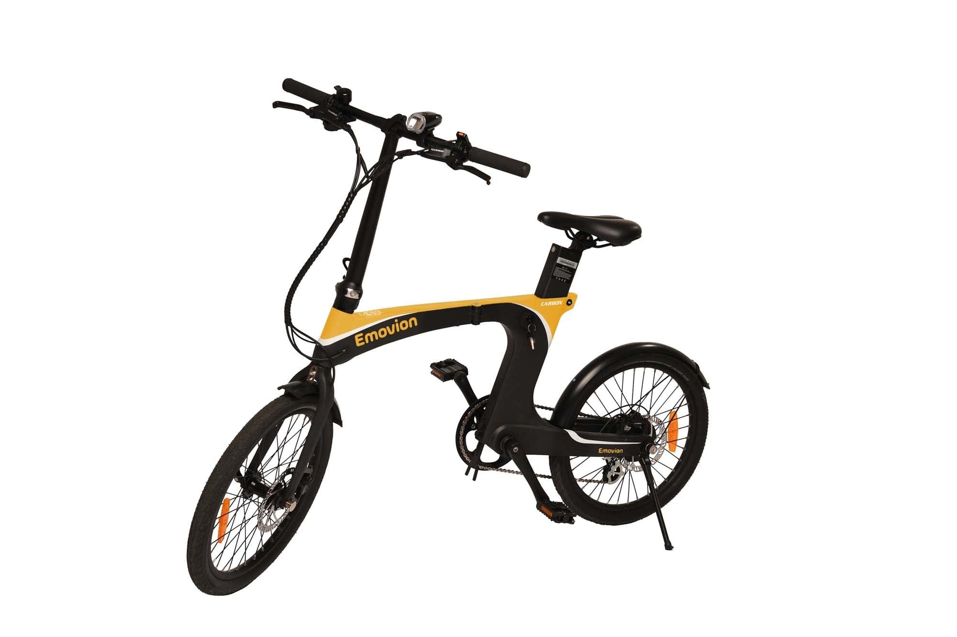 gelbes Klapp-E-Bike von vorne mit Licht 